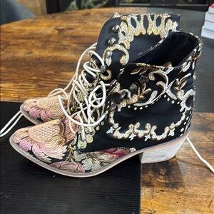 Embroidered Black and Gold Ankle Boots